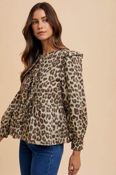 Annie Wear Tied Leopard Round Neck Peplum Blouse for Women