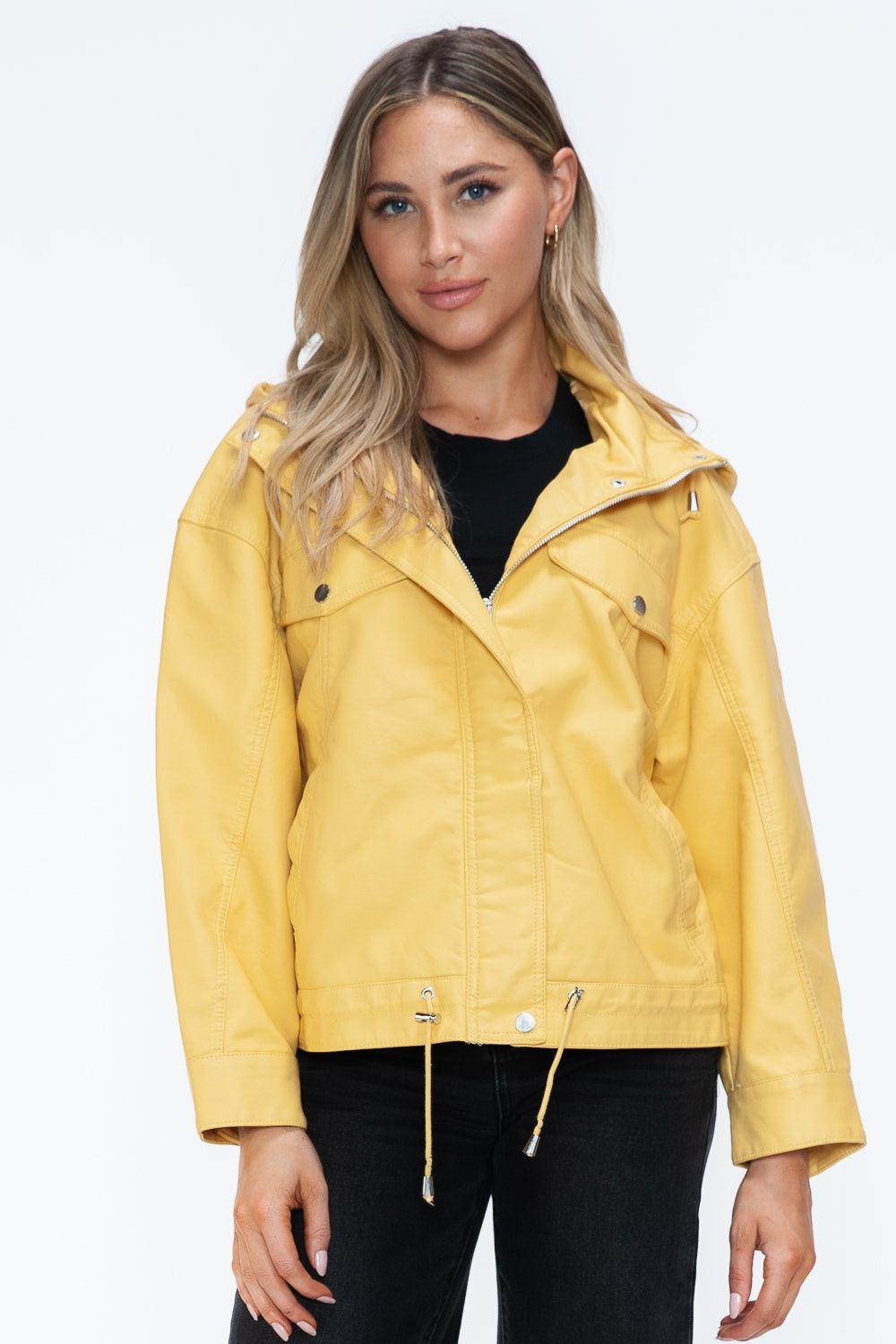 How Dare U Drawstring Hem PU Leather Zip Up Jacket for Women