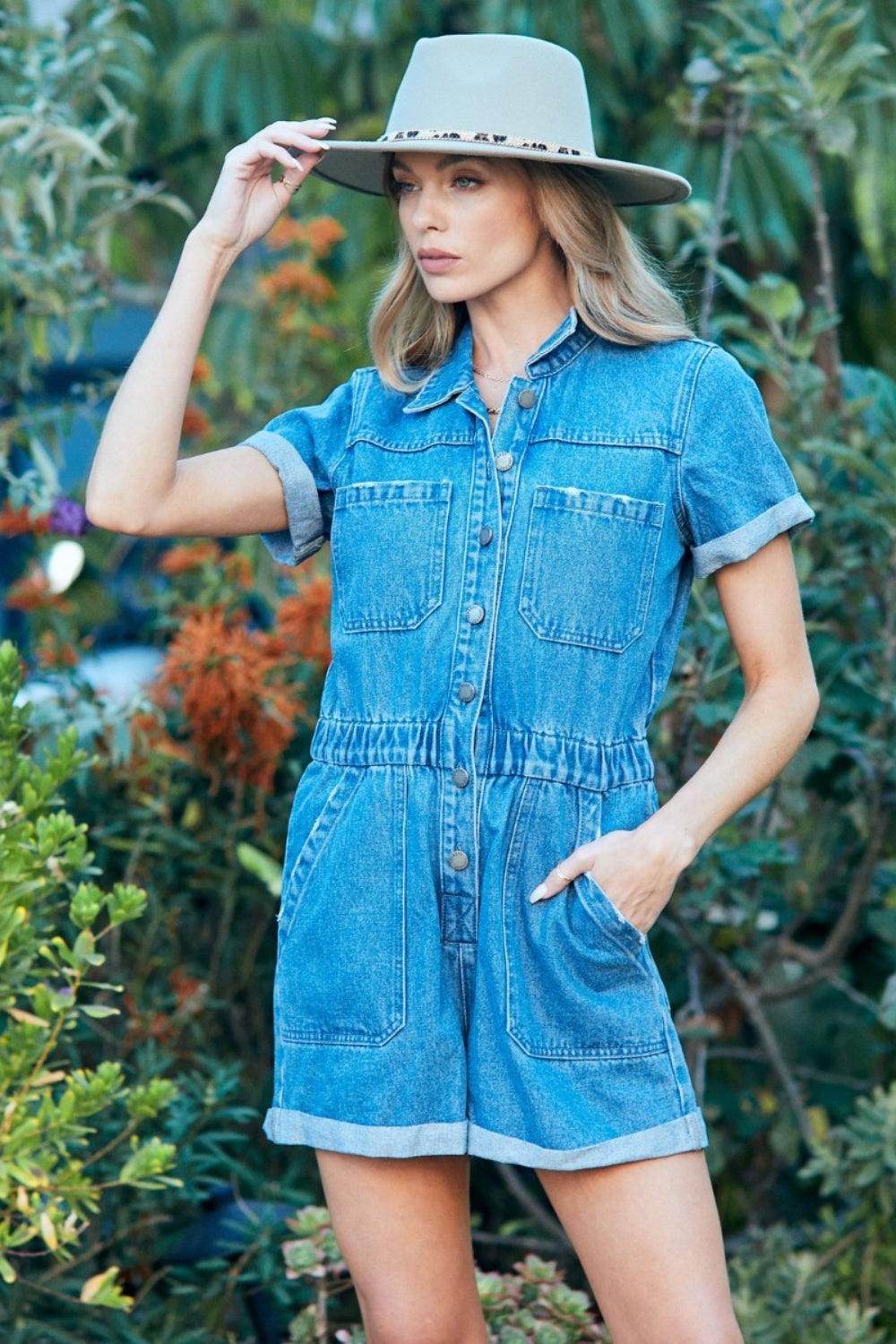 Veveret Elastic Waistband Denim Romper for Stylish Comfort