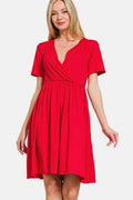 Zenana Surplice Short Sleeve Brushed DTY Dress for Women