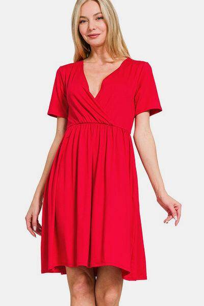 Zenana Surplice Short Sleeve Brushed DTY Dress for Women