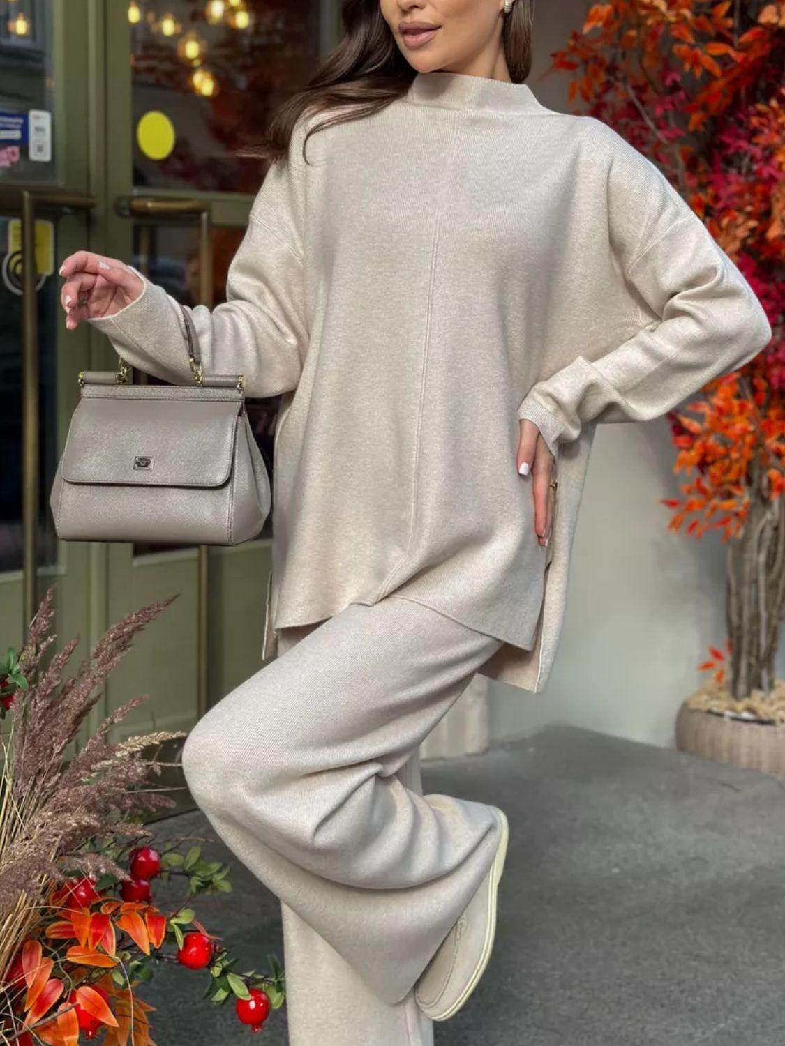 Slit Mock Neck Top and Pants Sweater Set for Women