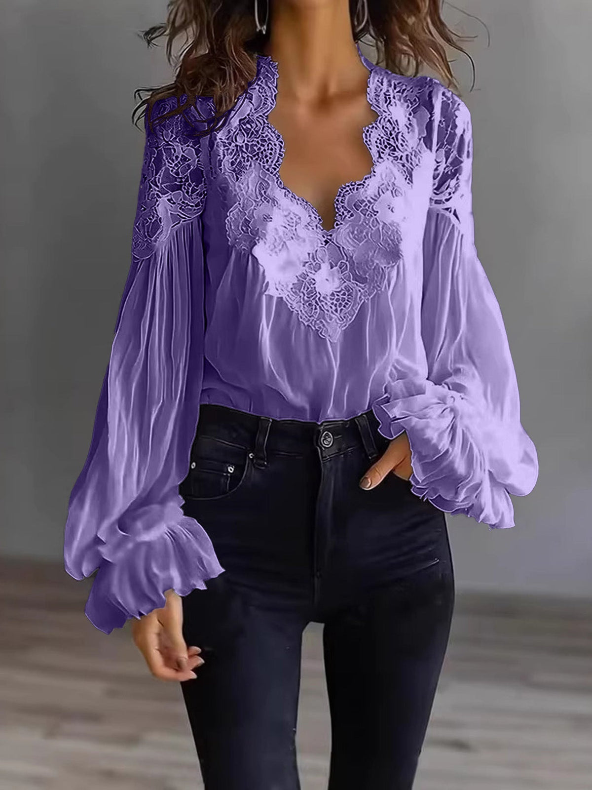Lace-Panel Puff Sleeve Pleated Ruffle Shirt | Ballet Style
