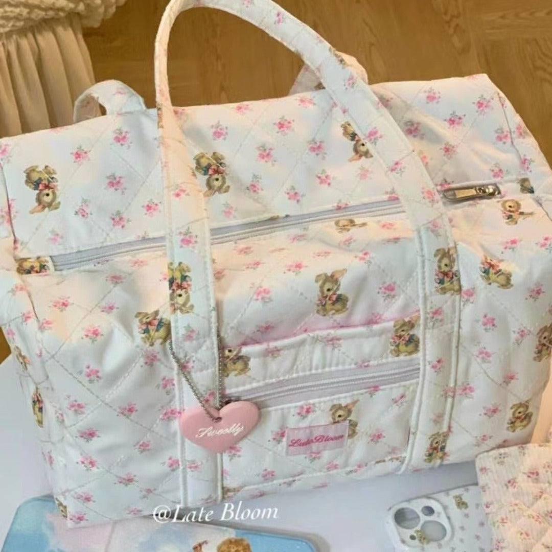 Large capacity tote bag for girls, short trip girl commuter bag, quilted puffy purse floral fabric, student class shoulder tote bag,