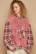 POL Star Patch Plaid Long Sleeve Hooded Top for Women