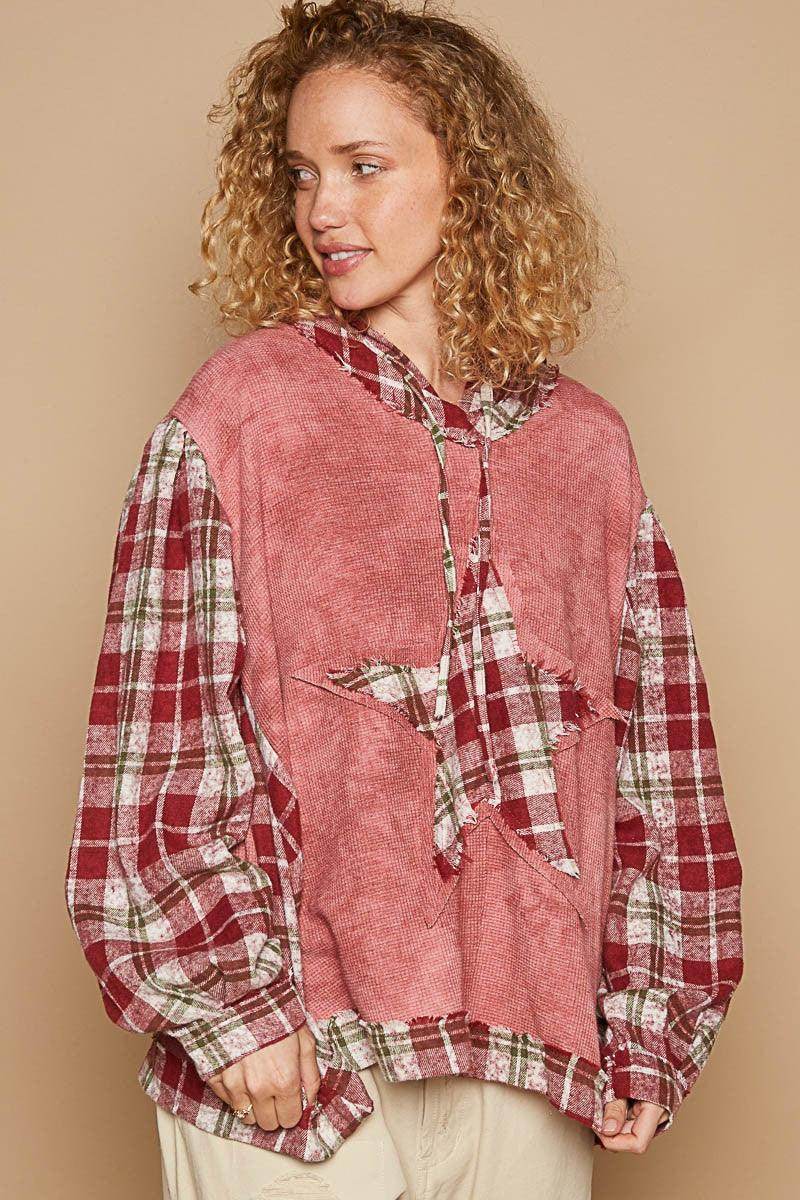 POL Star Patch Plaid Long Sleeve Hooded Top for Women