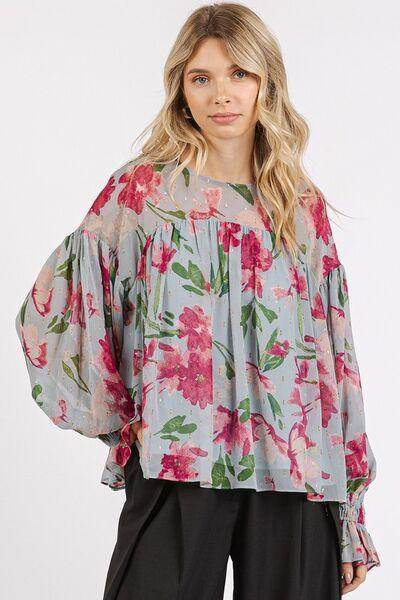 Mittoshop Floral Round Neck Flounce Sleeve Blouse for Women