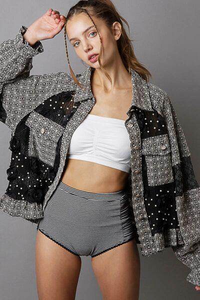 POL Eyelet Flower Pearl Detail Lace Patchwork Shirt For Women