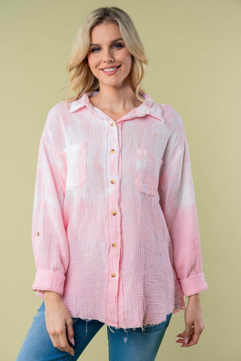 White Birch Full Size Long Sleeve Tie Dye Shirt for Women