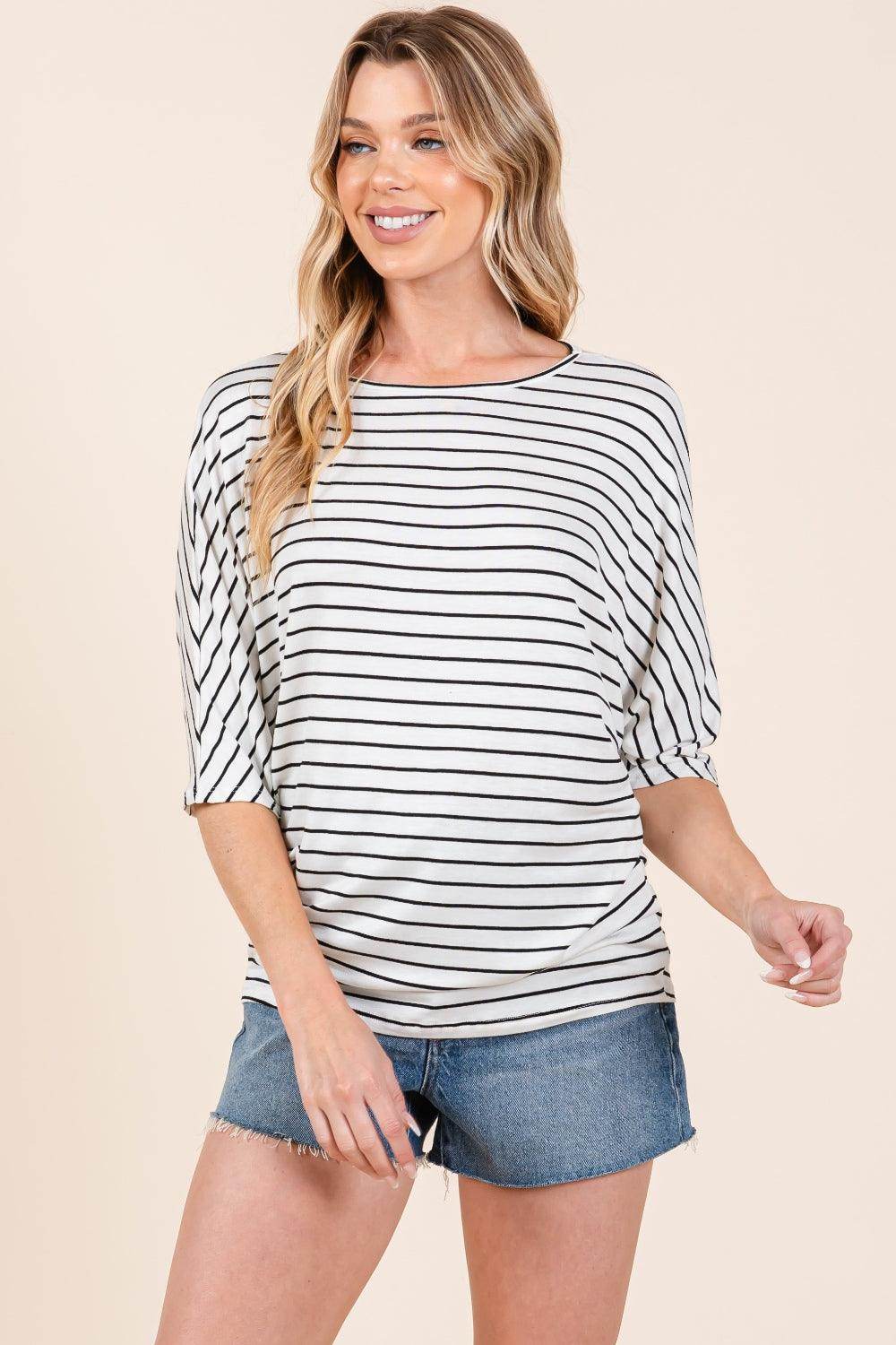 BOMBOM Striped Boat Neck Dolman Sleeve Top for Women