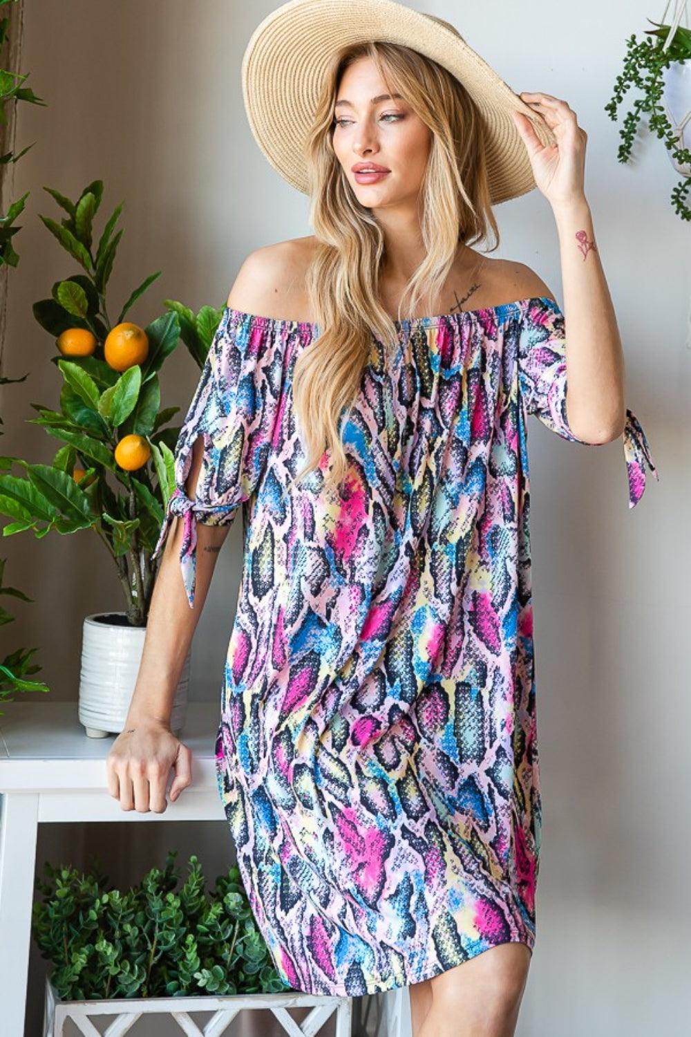 Heimish Full Size Off Shoulder Snake Mini Dress for Women