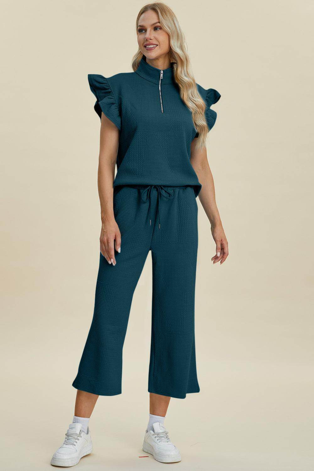 Double Take Full Size Texture Ruffle Top and Pants Set