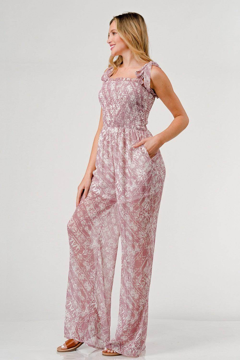 GeeGee Printed Tie Shoulder Wide Leg Jumpsuit for Women