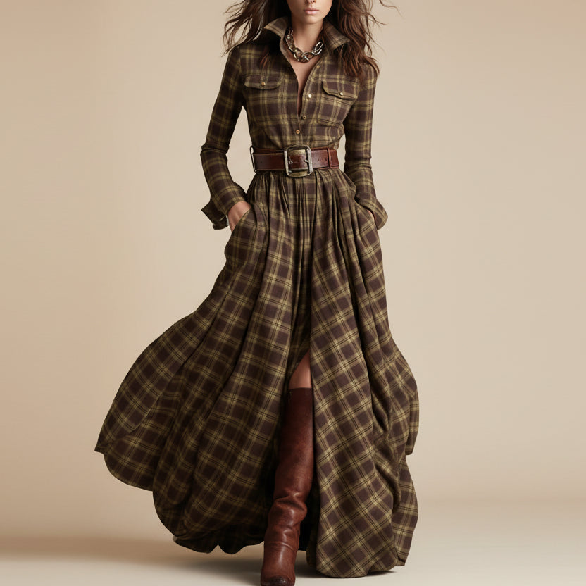 Women's Plus Size Plaid Print Long Sleeve Shirt Dress with Pockets