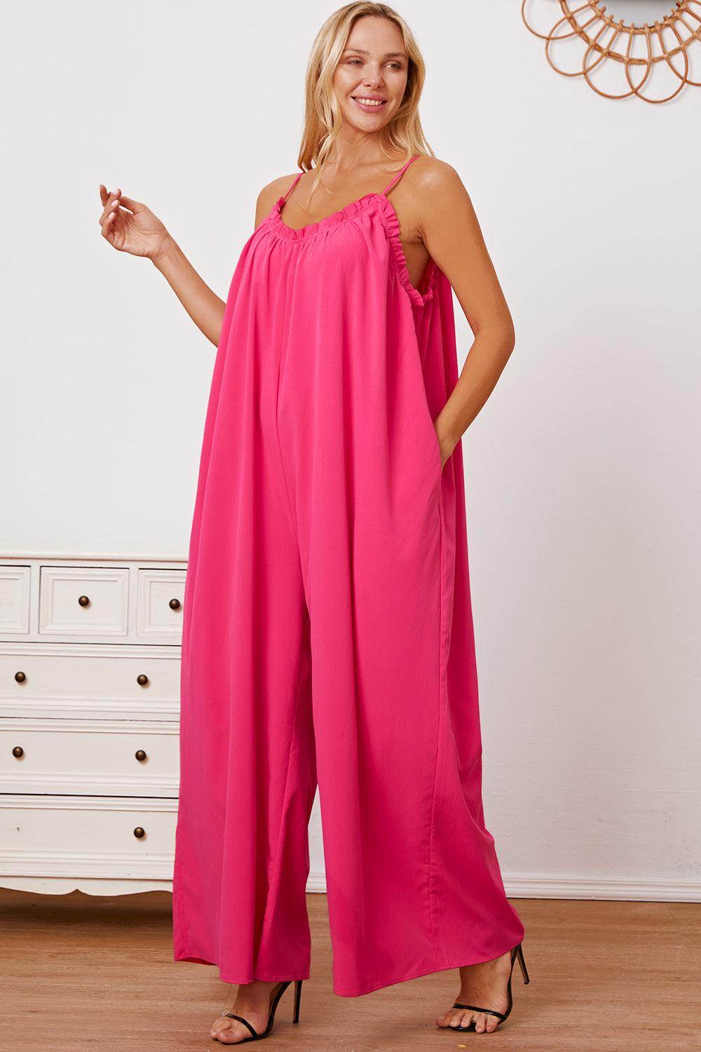 Double Take Full Size Ruffle Trim Tie Back Cami Jumpsuit