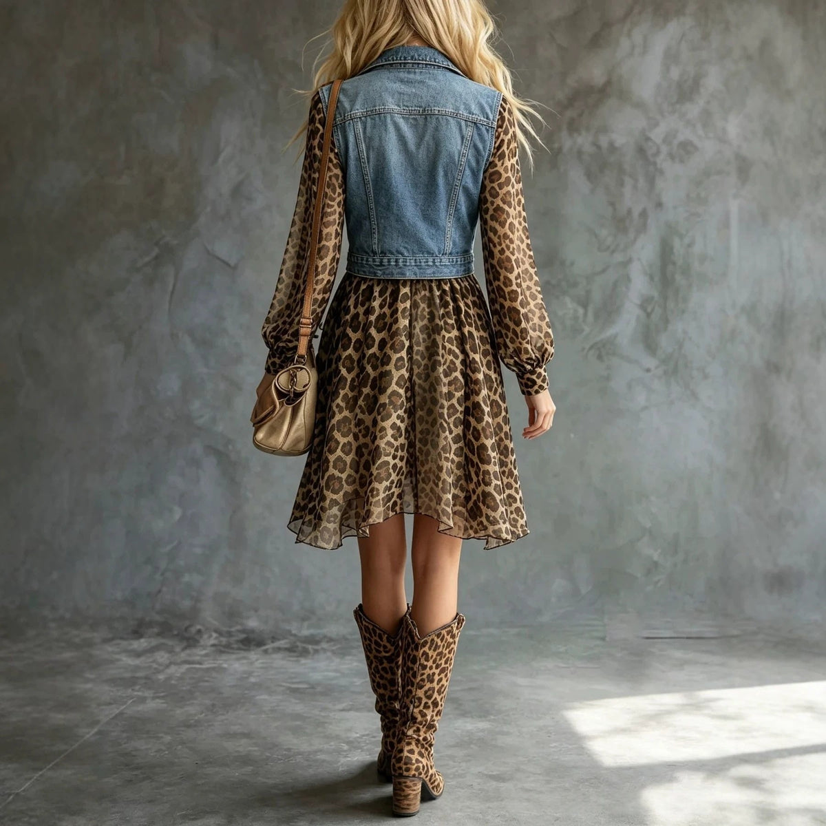 Women's Denim-Look Chiffon Patchwork Long Sleeve Maxi Dress