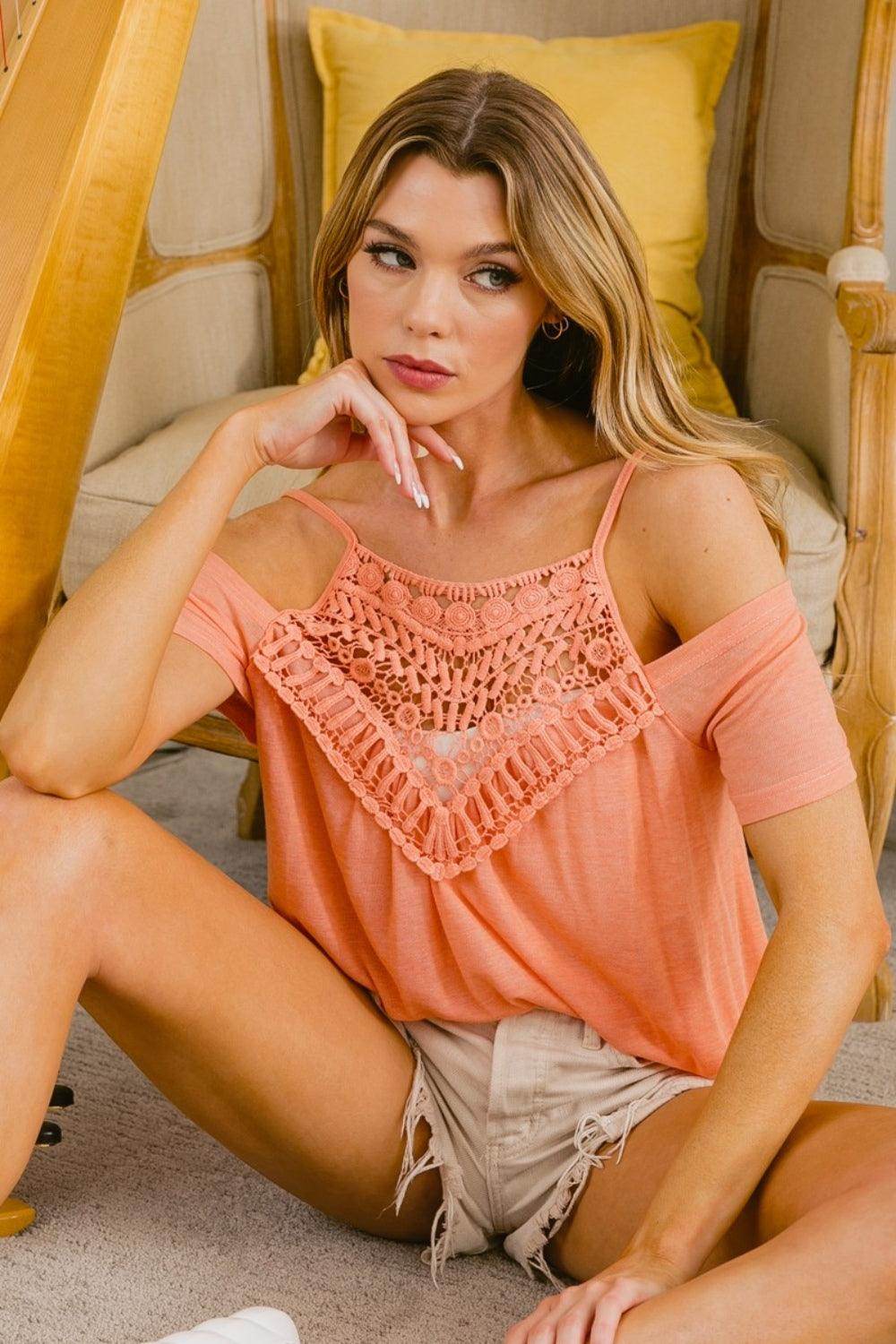 BiBi Front Crochet Lace Adjustable Strap Top for Women