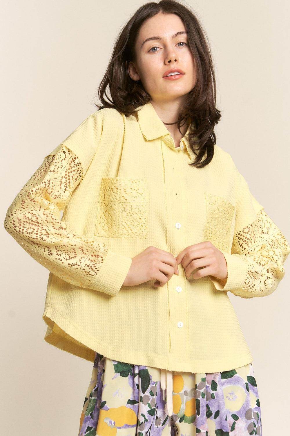 J.NNA Button Down Lace Long Sleeve Waffle Shirt for Women
