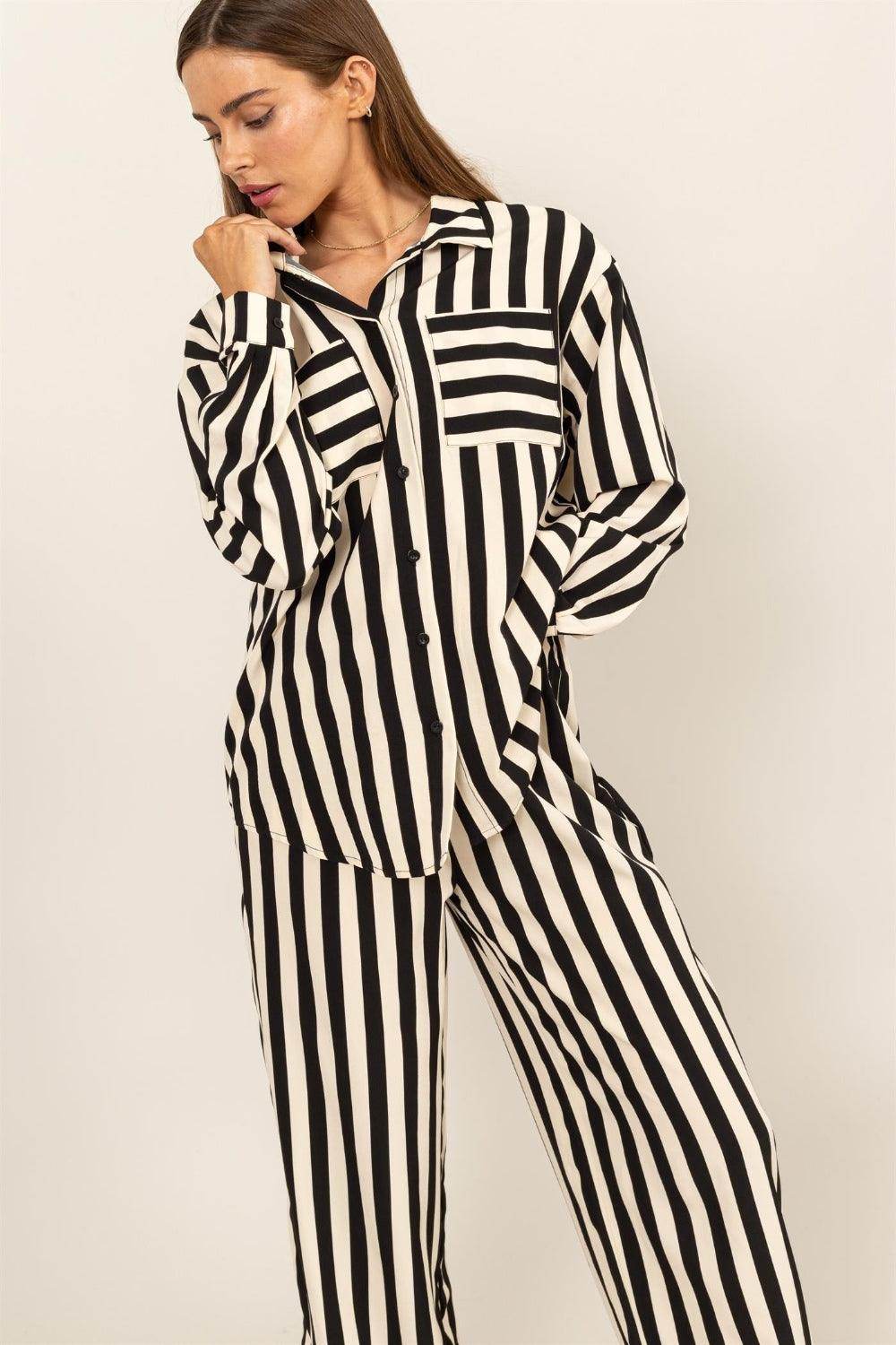 HYFVE Striped Button Up Shirt and Pants Set for Women