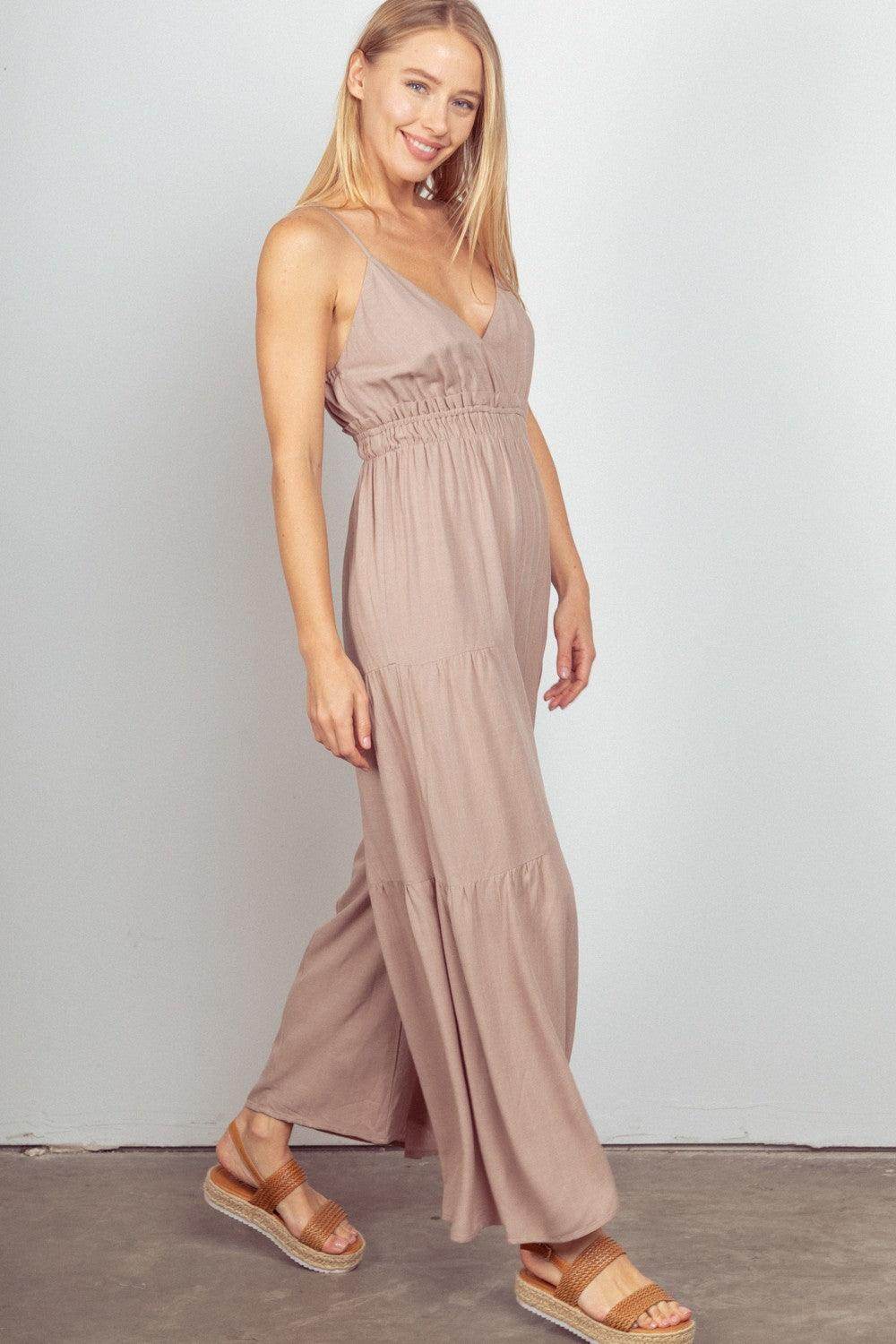 Very J Sleeveless Ruched Wide Leg Jumpsuit for Women