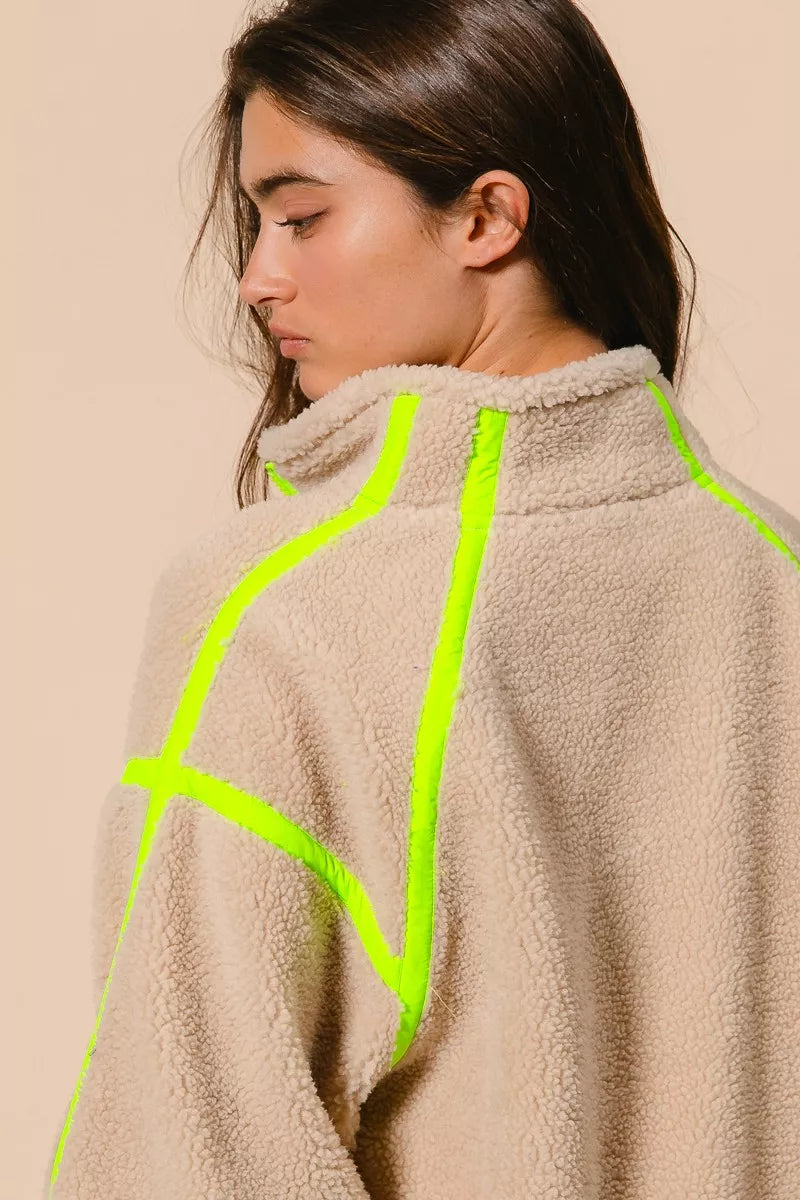 BiBi Contrast Edge Half Zip Up Sherpa Jacket