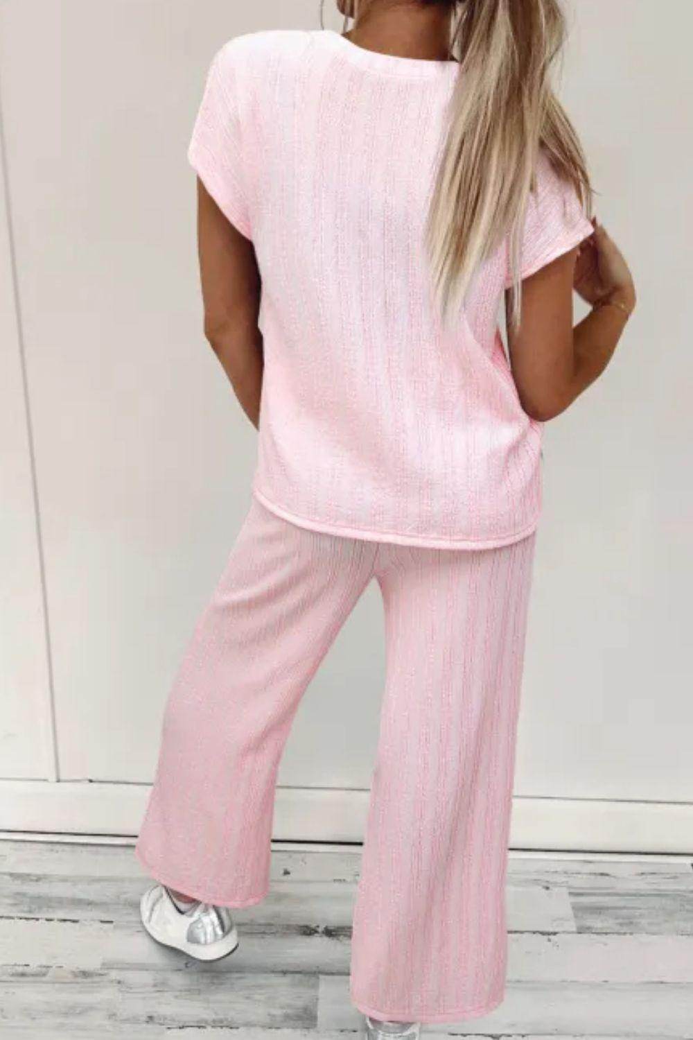 Textured Short Sleeve Top and Pocketed Wide Leg Pants Set