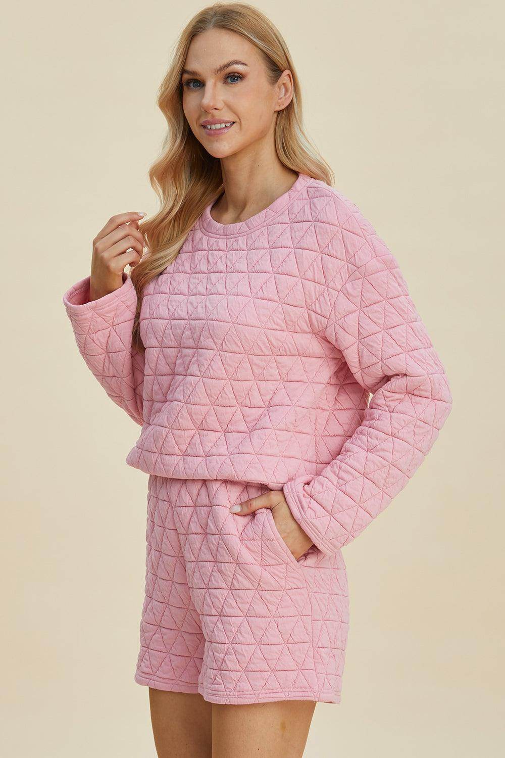 Double Take Full Size Texture Round Neck Long Sleeve Top and Shorts Set for Women