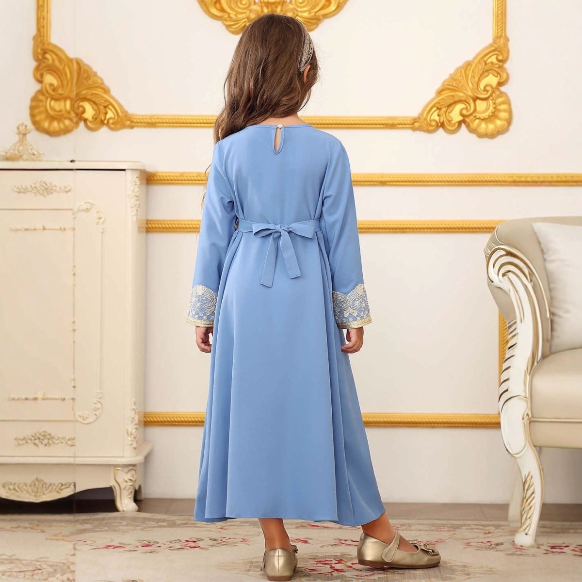 Girls Lace Trim Kaftan Dress | Elegant Kids Formal Abaya(MKG018)
