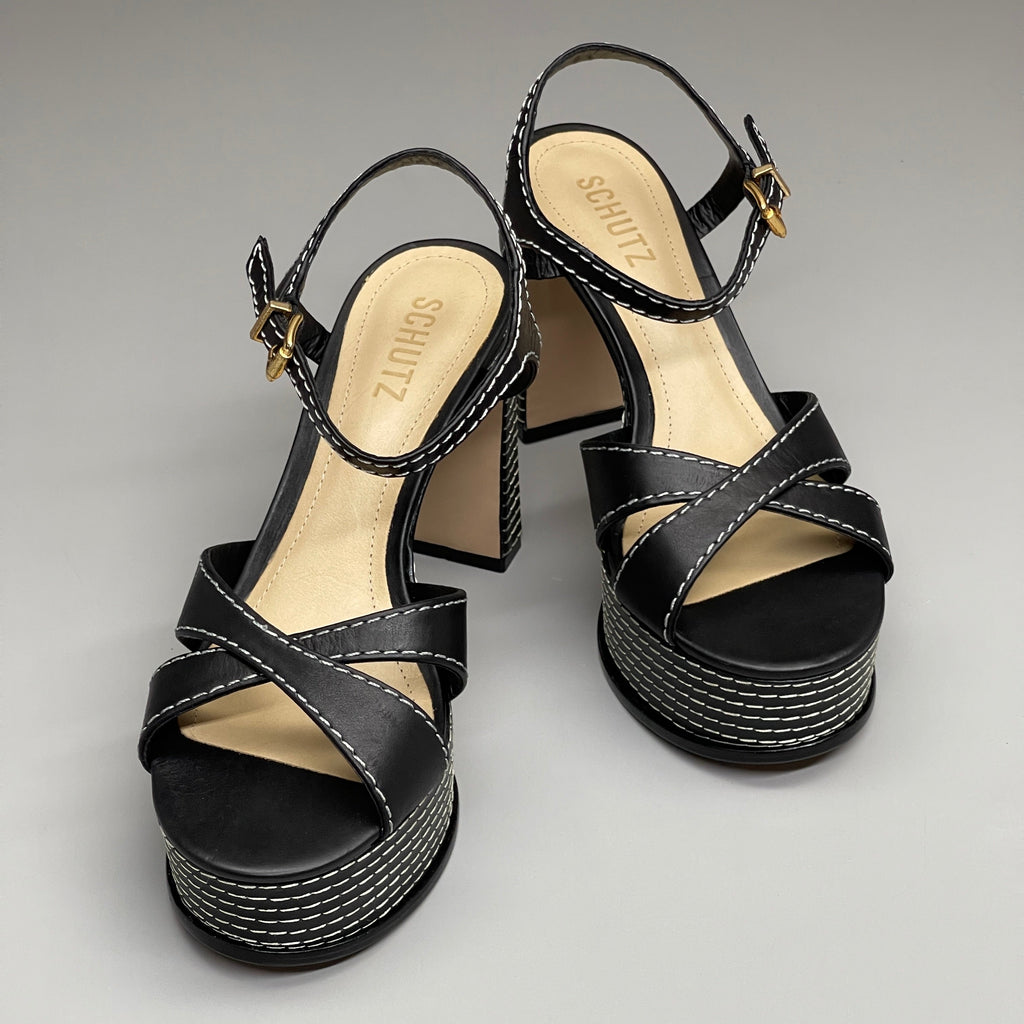 SCHUTZ Keefa Casual Women's Leather Sandal Black Platform 4" Heel Shoes Sz 9.5B (New)