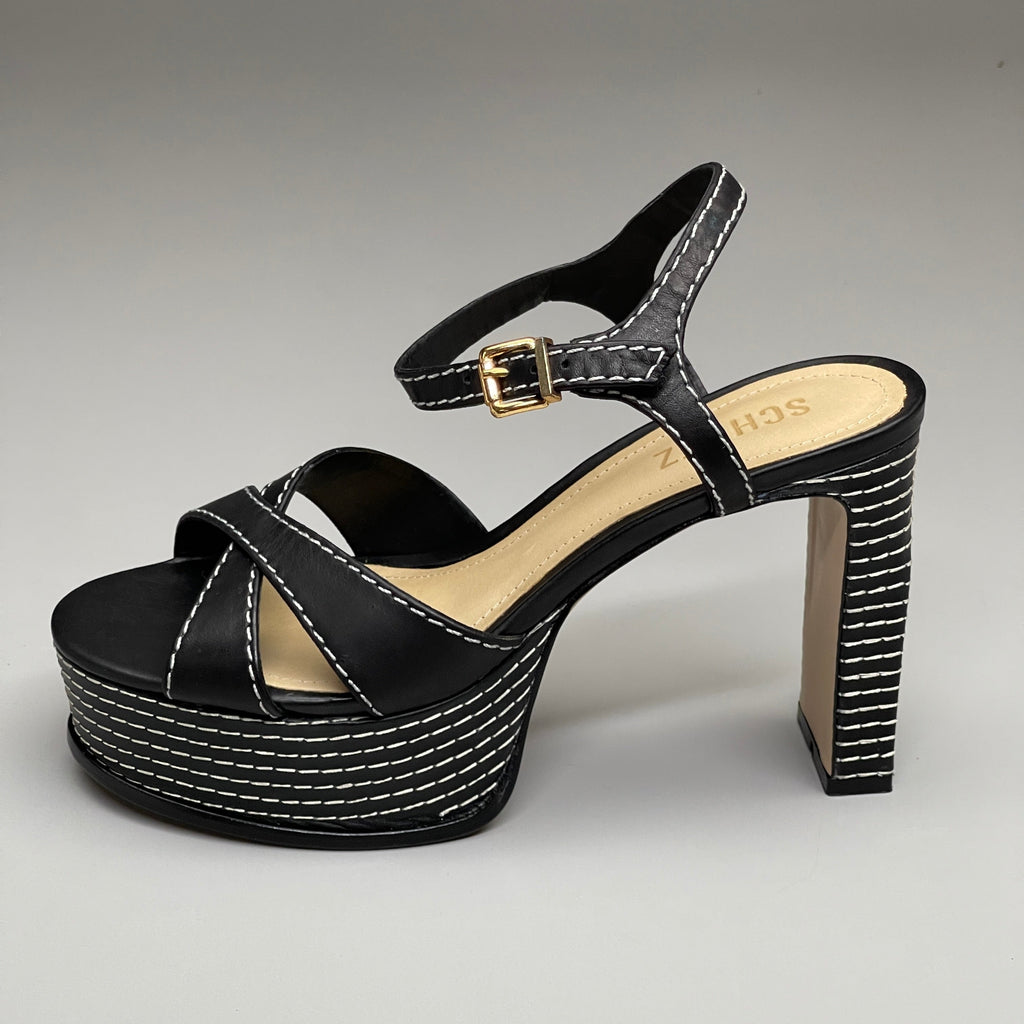 SCHUTZ Keefa Casual Women's Leather Sandal Black Platform 4" Heel Shoes Sz 9.5B (New)