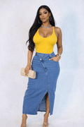 It Girl Asymmetrical High-Waist Denim Midi Skirt with Front Slit