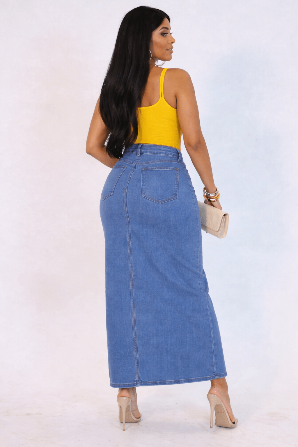 It Girl Asymmetrical High-Waist Denim Midi Skirt with Front Slit