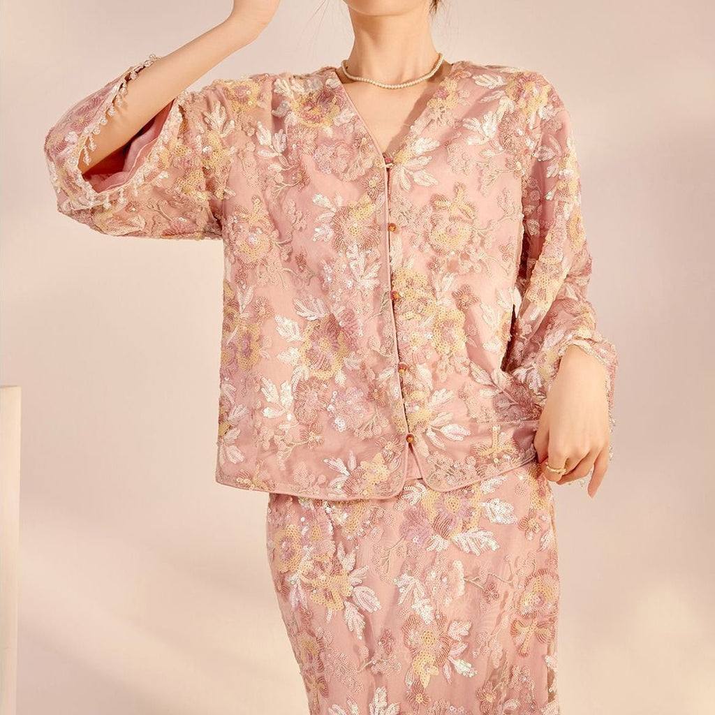 Luxury Embroidered Floral Jacket & Skirt Set(MS307)