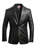 Men Five Button Black Leather Blazer