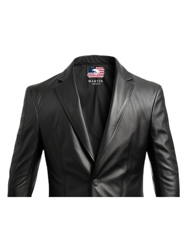 Men Five Button Black Leather Blazer