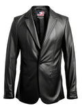 Men One Button Black Leather Blazer