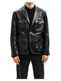 Men’s Premium Black Leather Blazer with Flap Pockets