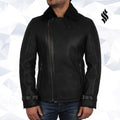 Mens Luxury Aviator Black Leather Shearling Sheepskin Flying Coat