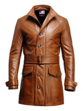 Men Vintage Big Pockets Tan Brown Leather Coat