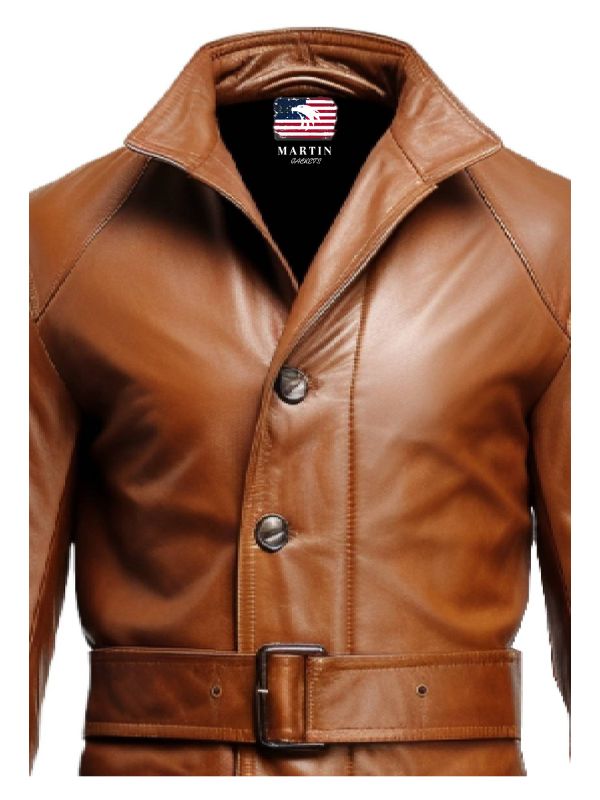 Men Vintage Big Pockets Tan Brown Leather Coat