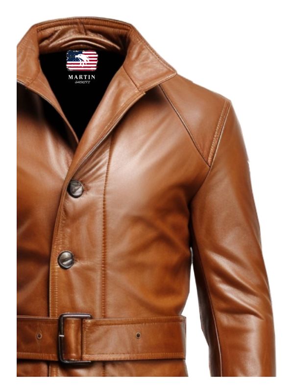 Men Vintage Big Pockets Tan Brown Leather Coat