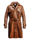 Men’s Vintage Brown Long Coat – Distressed Leather Brown Coat