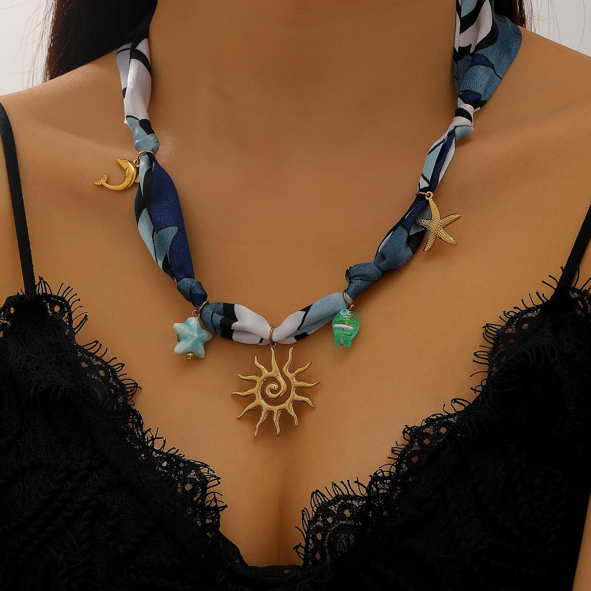 Ocean Life Ribbon Necklace with Flower Charm