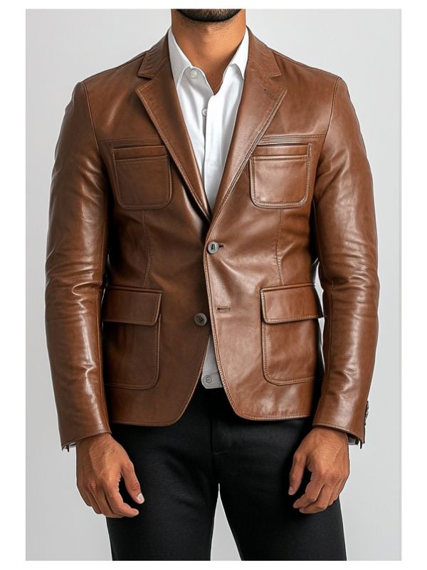 Premium Brown Leather Blazer – Stylish and Timeless
