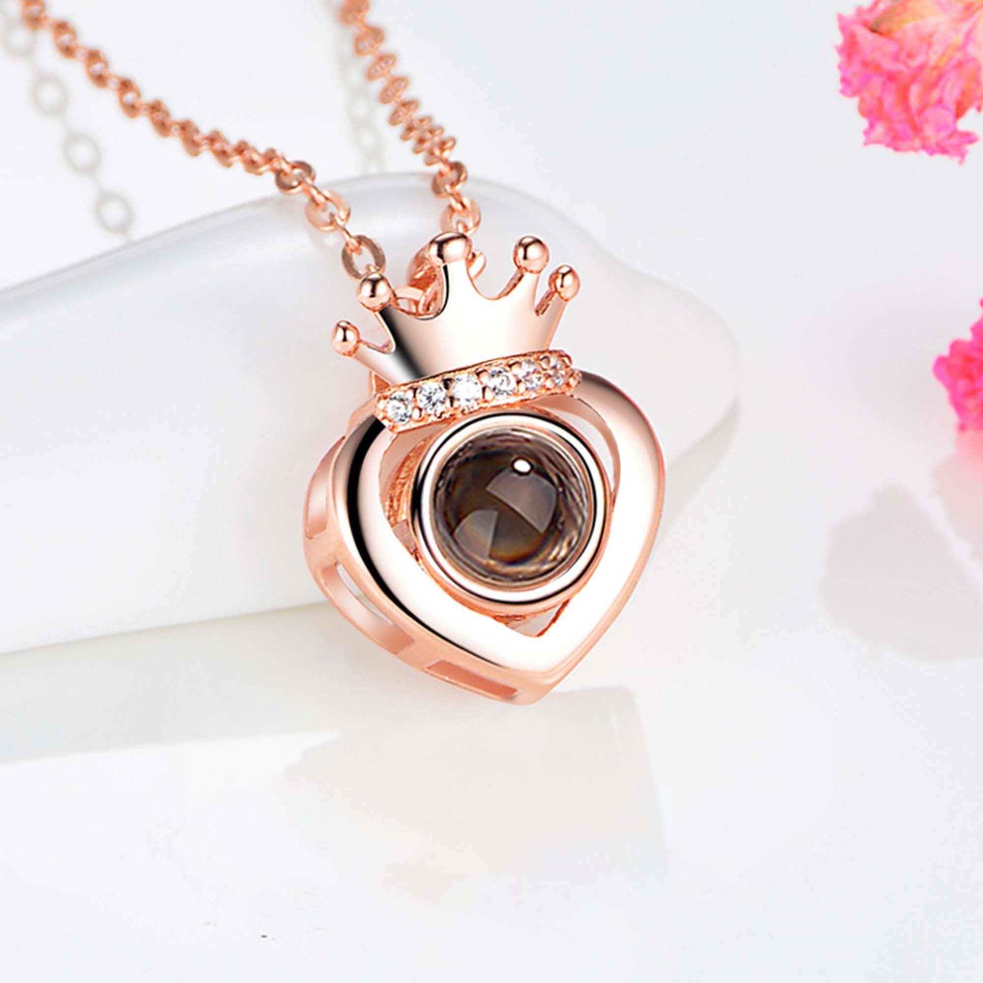 Rose Gold Silver Color 100 Languages I Love You Projection Heart Crown name Pendant Necklace Romantic Memory