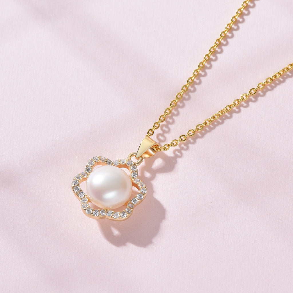 Pearl White Natural Freshwater 8-9mm Silver Gold Plated Flower Zirconia Pendants Necklaces