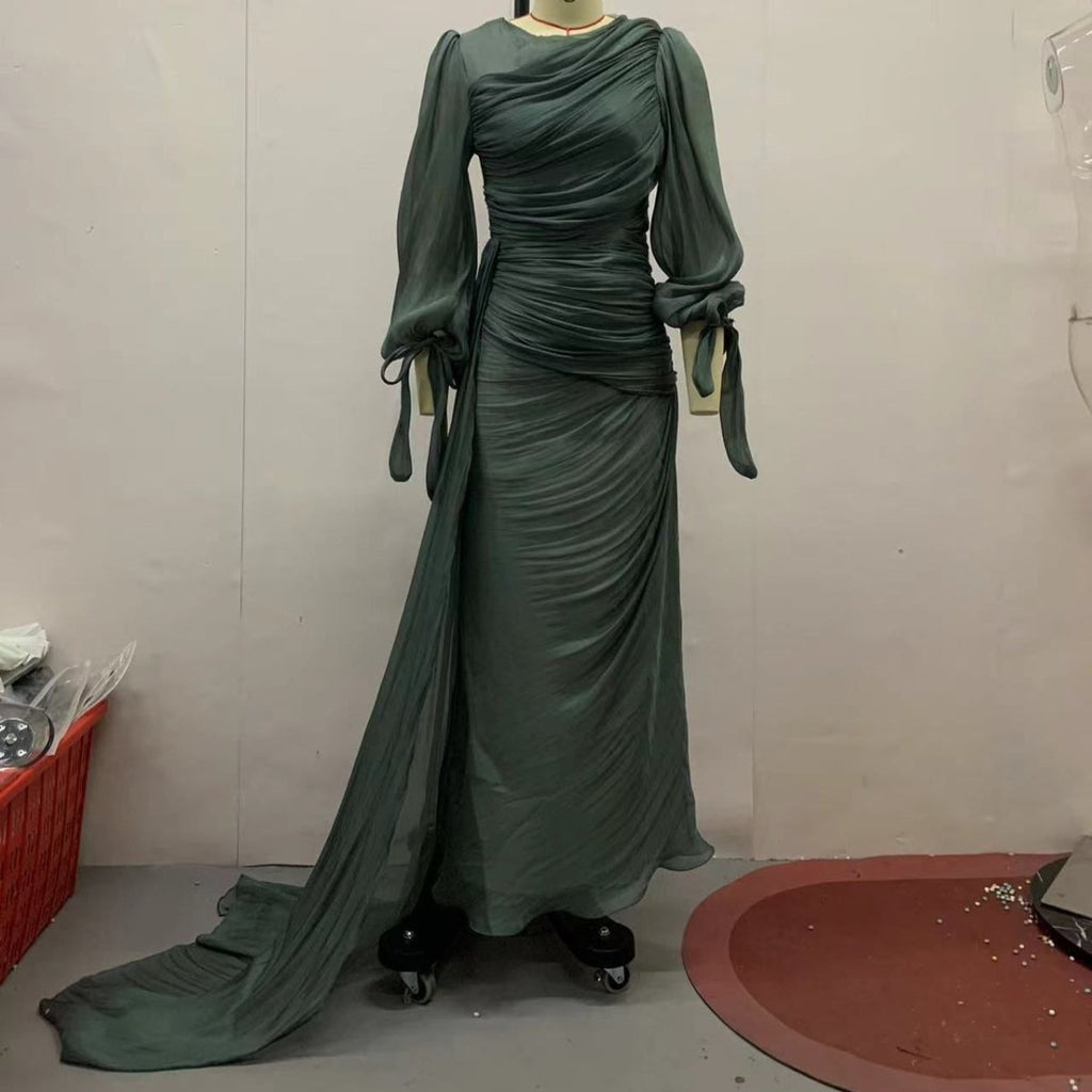 Ruched Evening Dress | Puff Sleeve Bodycon Maxi Dress(MS280)