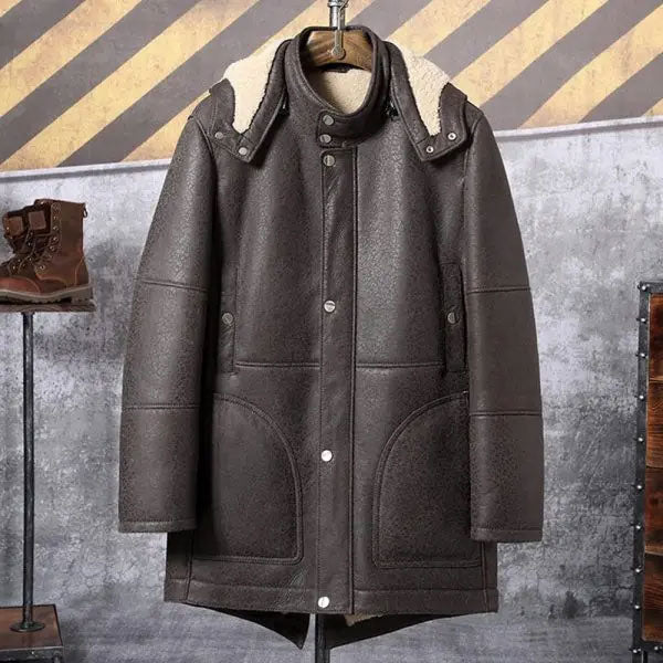 Men’s Hooded Shearling Leather Long Trench Coat