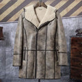 Men’s Bomber Shearling Fur Hooded Winter Long Leather Jacket Trench Coat
