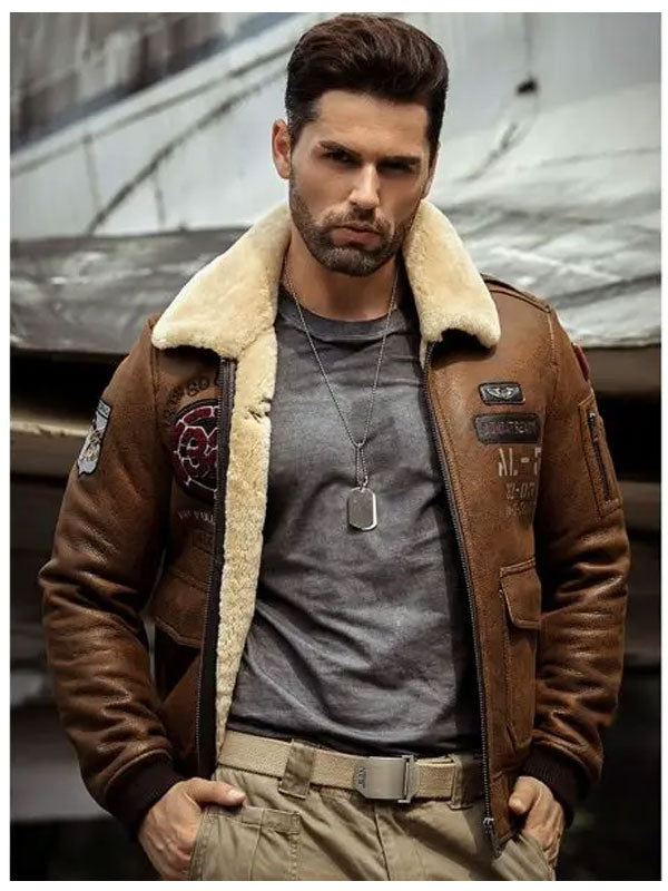 Men’s B3 Flying Leather Coat Embroidered Bomber Jacket